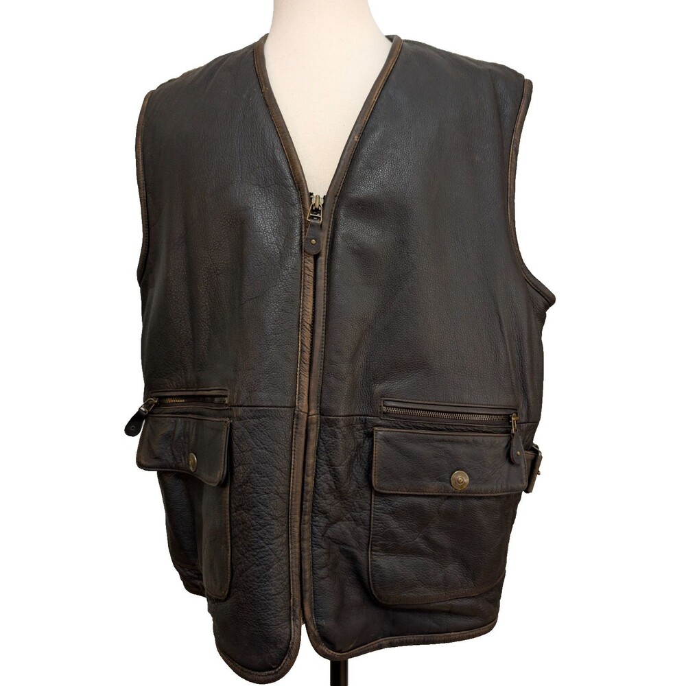Vintage Colebrook Co Men's XL Leather Vest Sherpa Lined Plaid Back Distressed